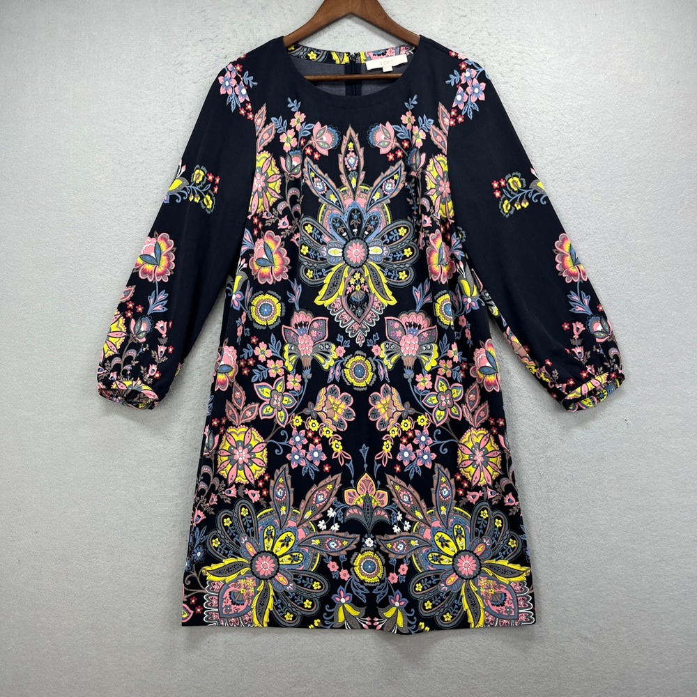 LOFT Shift Dress Womens Medium Black Floral Paisley Long Sleeve Midi Boho Retro